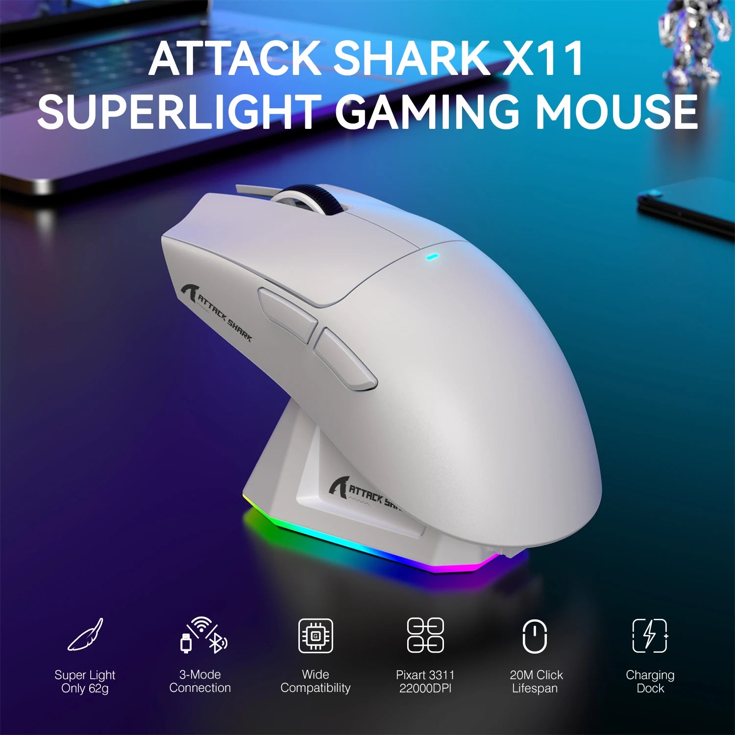 Attack Shark X11 Lightweight Wireless Gaming Mouse RGB Optical Sensor