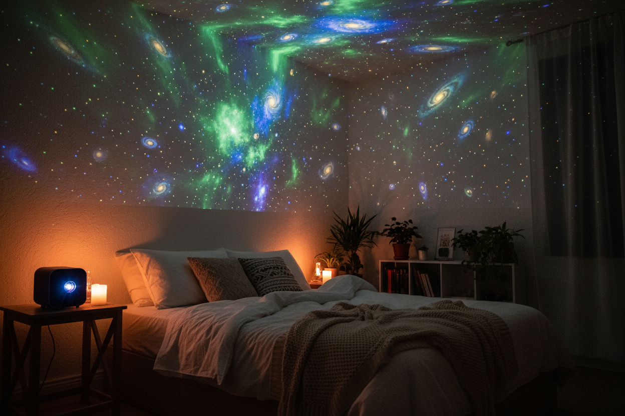 Galaxy projector casting colorful stars across a cozy bedroom at night